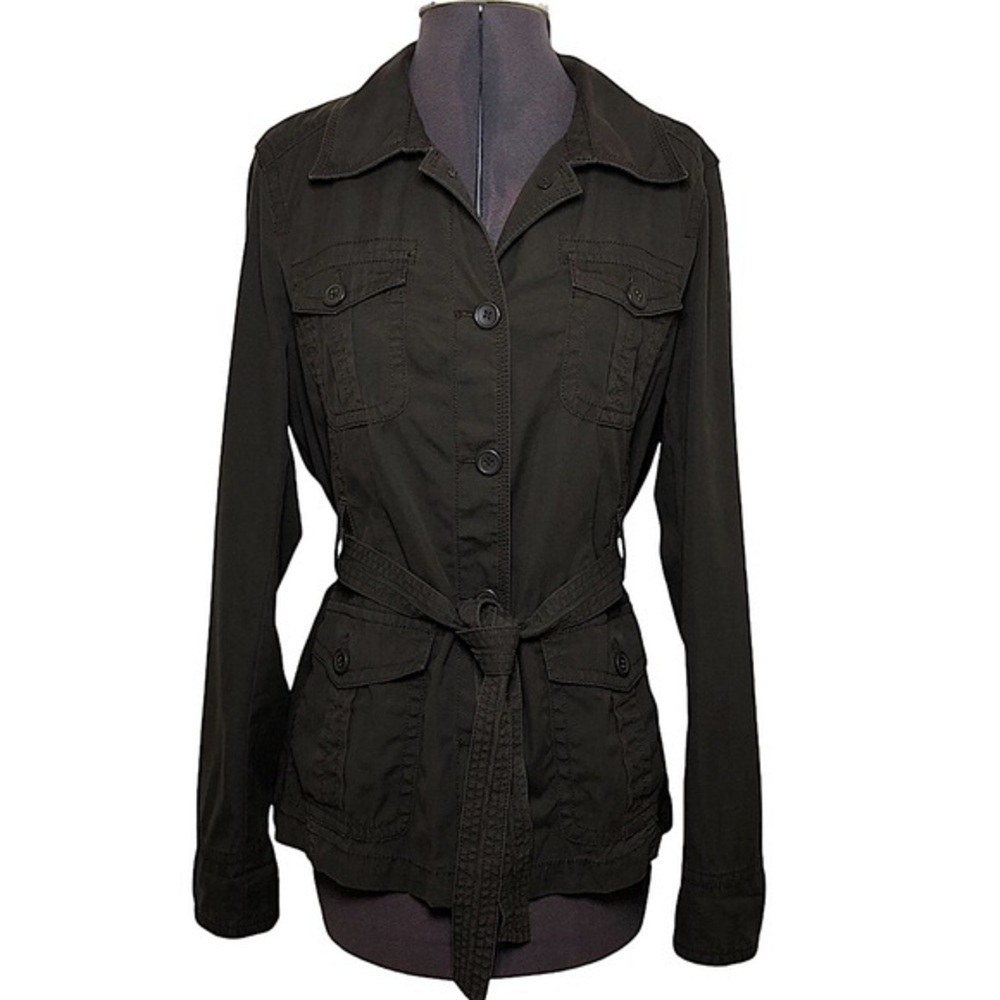 J. crew 💯 % Soft Cotton Button Down Belted Flap Button Pockets Brown Jacket M
